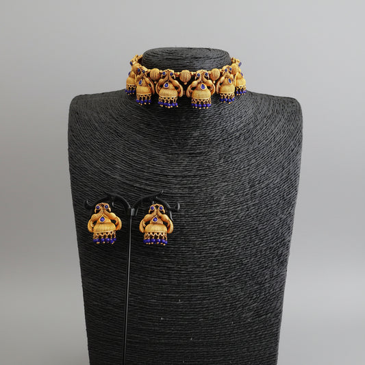 Antique Peacock Jhumka Choker Necklace Set | High Gold Polish Temple Jewellery