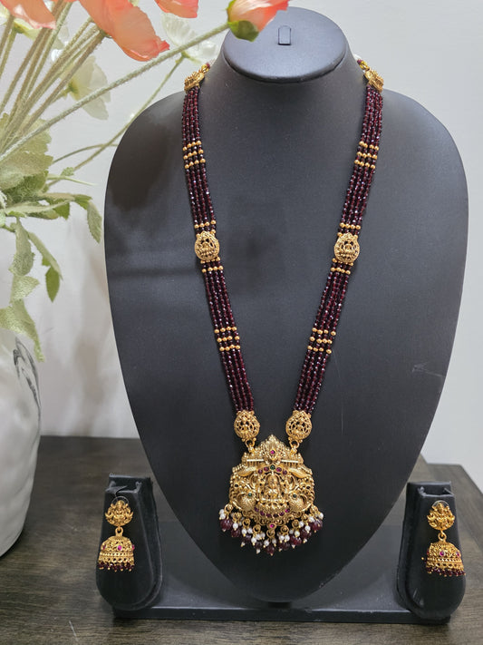 Long Maroon Beaded Haaram with Lakshmi Pendant & Jhumka Earrings