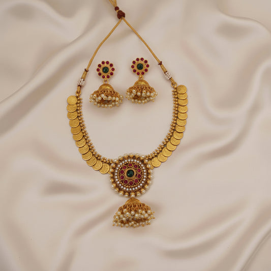 Temple design coin necklace set with jhumka pendant and earrings