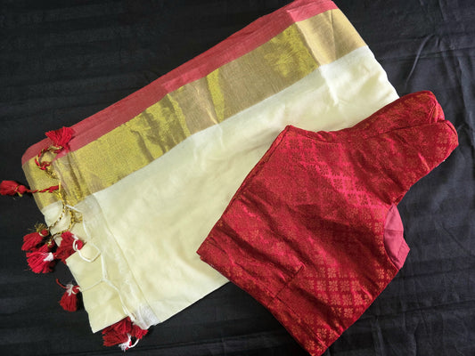 Kerala mul mul cotton saree with stitched blouse.