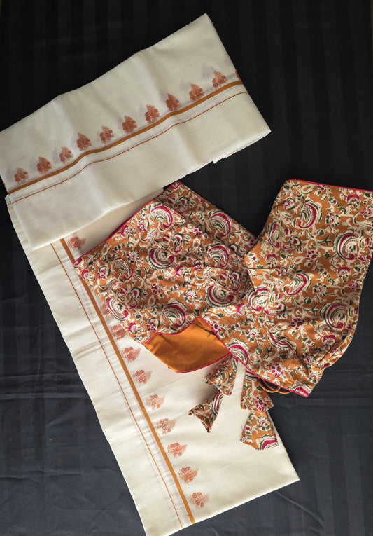 Puliyilakkara set mundu with ready to wear blouse