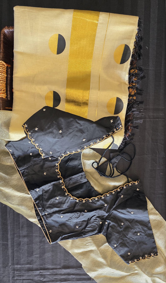 Kerala tissue polka dot saree -Design 1 with stitched blouse.