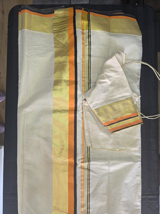 Kerala Half fine Zari micro check cotton saree with stitched blouse.