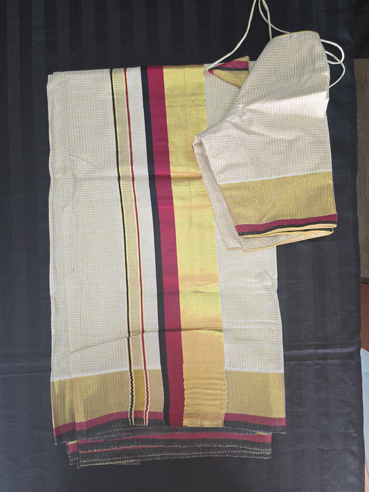 Kerala Half fine Zari micro check cotton saree with stitched blouse.