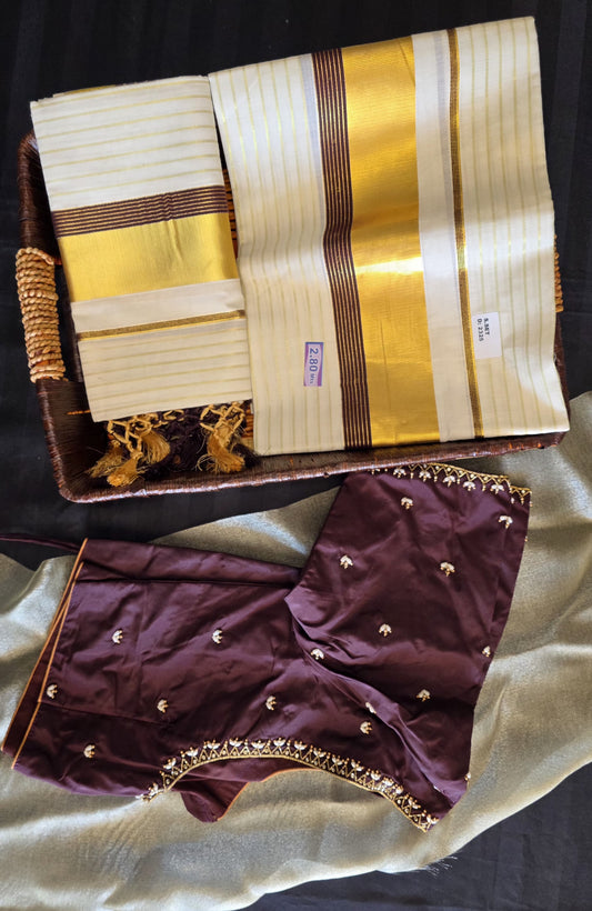 Kerala cotton Half fine zari set mundu with ready to wear blouse