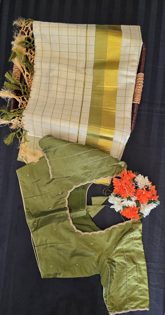 Kerala Tissue Saree 1 inch check pattern with ready to wear blouse