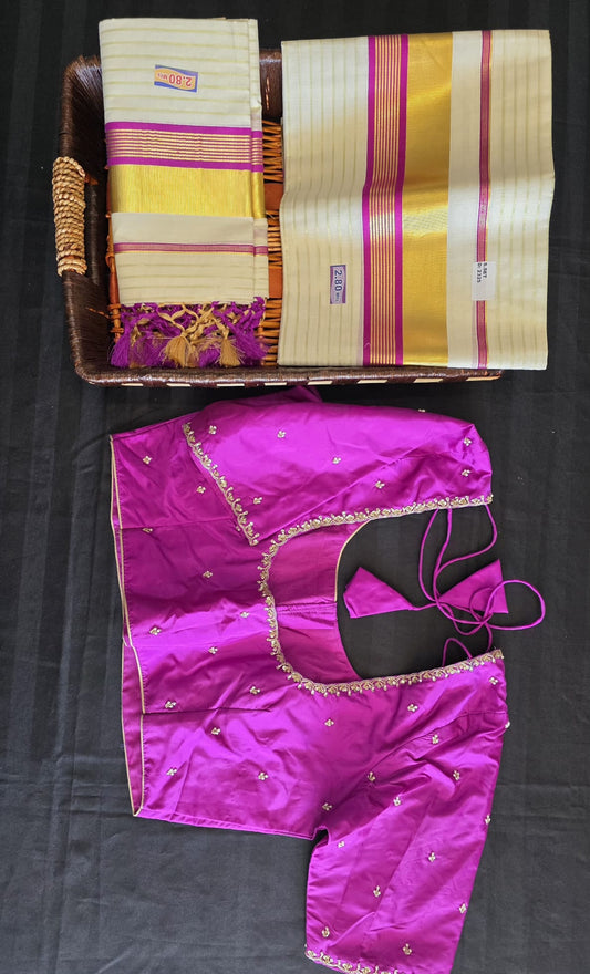 Kerala cotton Half fine zari set mundu with ready to wear blouse
