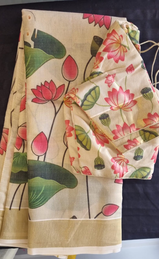 Lotus printed Kerala tissue Saree with ready to wear blouse.