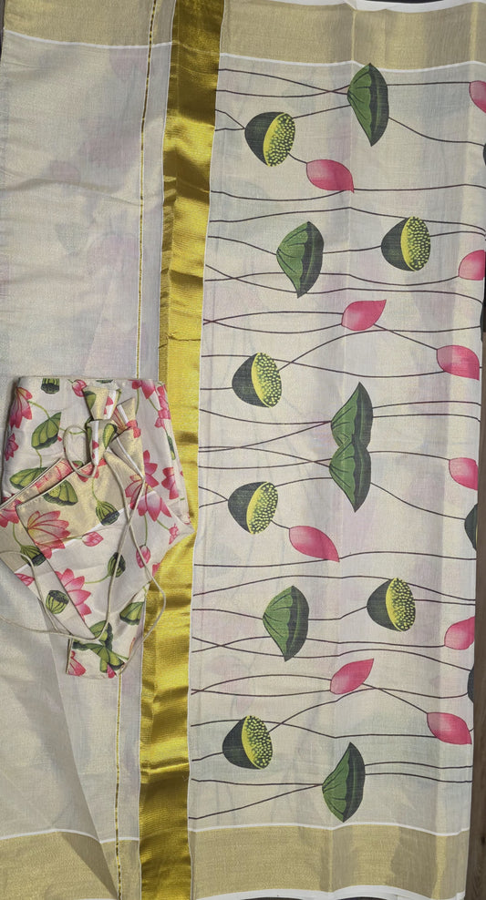 Lotus printed Kerala tissue Saree with ready to wear blouse.
