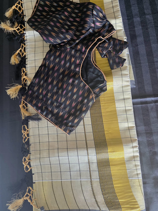 Kerala Tissue Saree 1 inch check pattern with ready to wear blouse