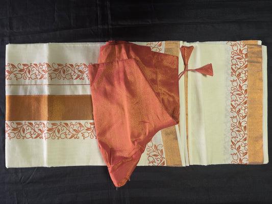 Kerala Saree in Copper Zari weave with ready to wear stitched blouse