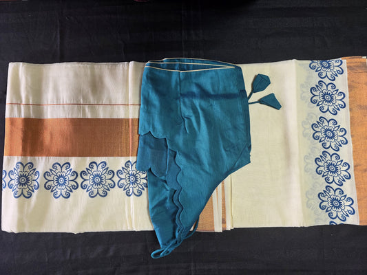 Kerala Saree in Copper Zari weave with ready to wear stitched blouse