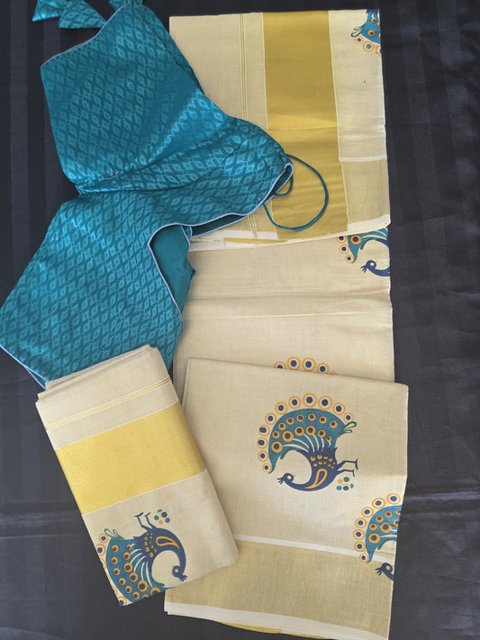 Kerala Tissue Setmundu with ready to wear blouses