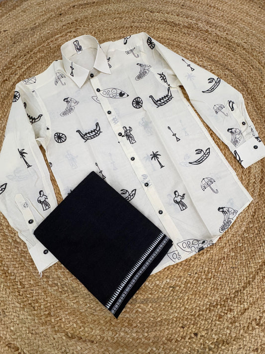 Kerala Theme Printed Off-White Half Sleeve Shirt with Black Single Dhoti Set