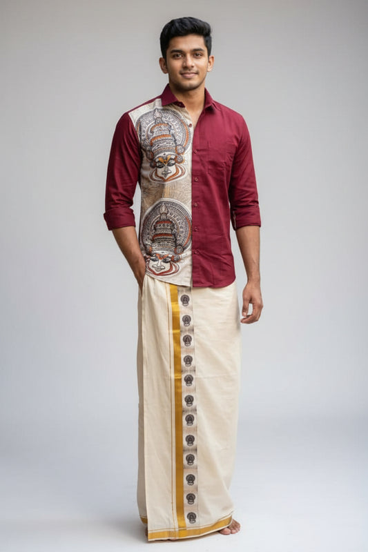 Half & Half Kathakali Sticker Print Full Sleeve Shirt with Kerala Off-White Double Dhoti Set