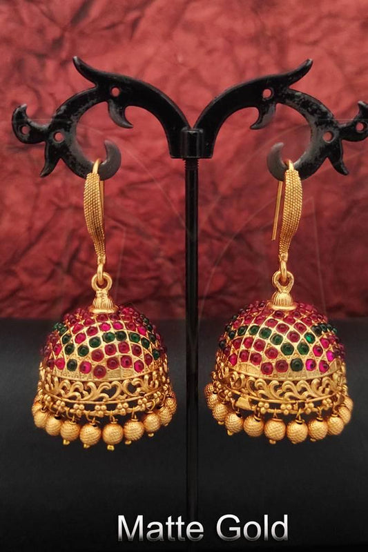 Matte Gold Kemp Jhumka with Ruby & Emerald Stones and Gold Ball Drops