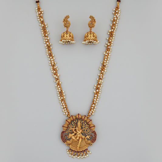 Kemp Temple Jewellery Matte Gold Polish Lord Krishna Long Haram with Jhumkas