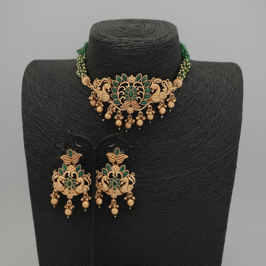 Designer matte gold polish kemp necklace set with earrings - traditional temple jewellery