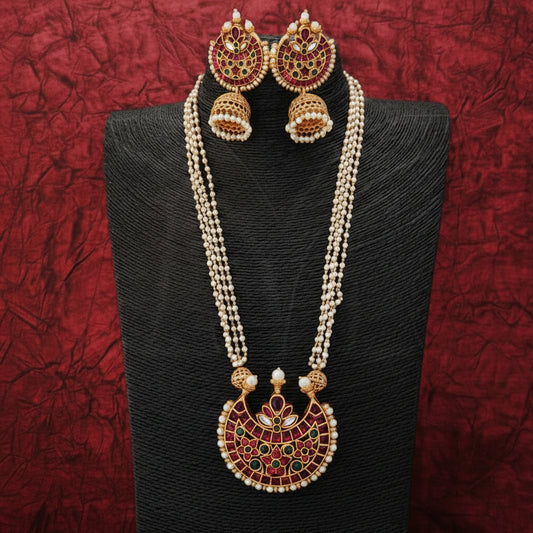 Matte Gold Polish Pearl Kemp Pendant Set with Jhumkas