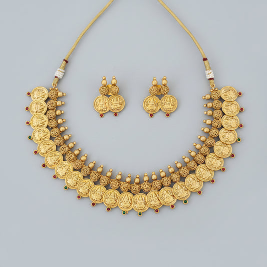 Lakshmi Kasu Mala Temple Coin Necklace Set with Earrings