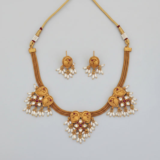 Antique Gold Peacock Kundan Necklace Set with Rice Pearl Drops & Earrings