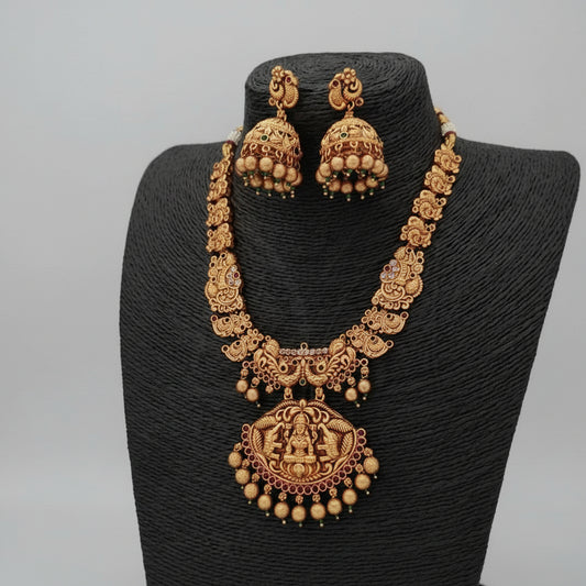 Matt Gold Temple Jewelry Necklace Set with Goddess Pendant and Jhumka