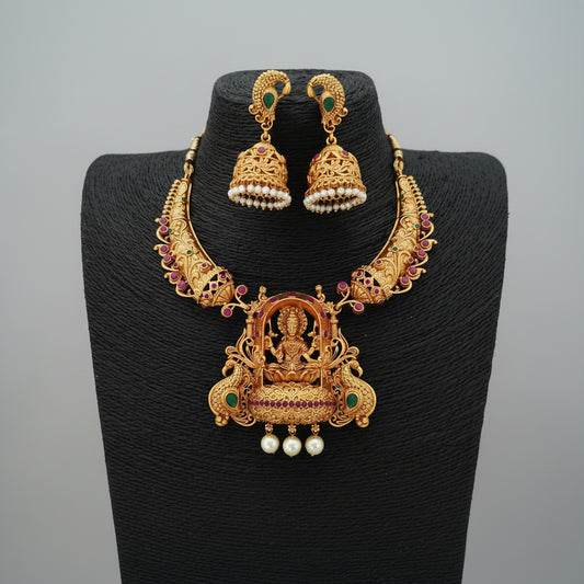 Matt Gold Finish Peacock Design Goddess Lakshmi Kemp Necklace Set with Jhumkas