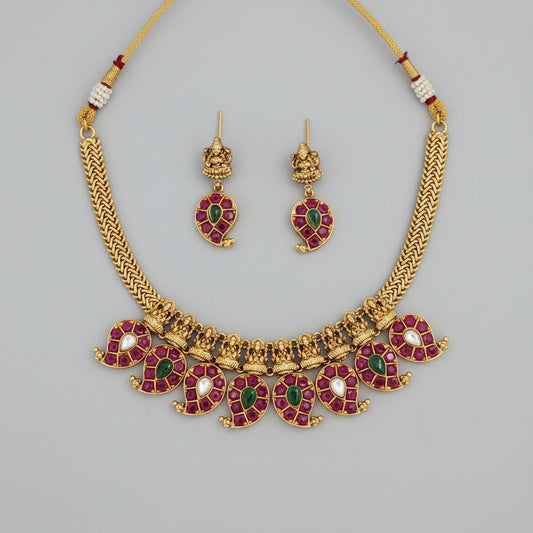 Kemp Stone Necklace with Devi and Mango Design with Earrings