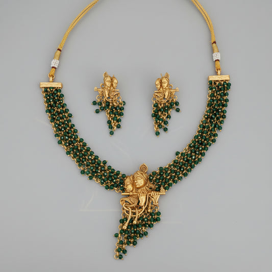 Rajwadi Polish Green Beaded Necklace with Krishna Radha Pendant and Studs