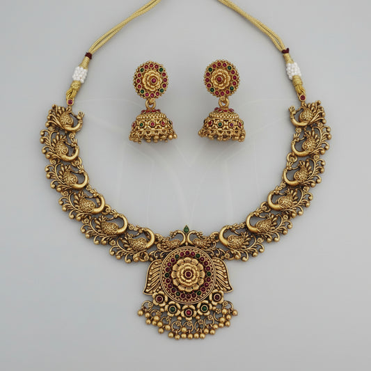 Temple peacock design necklace with jhumkas - traditional Indian jewellery