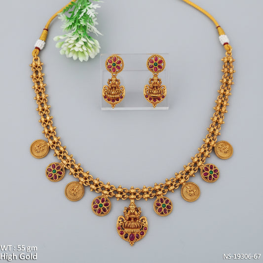 High Gold Lakshmi Coin & Floral Temple Necklace Set with Earrings – Ruby & Emerald