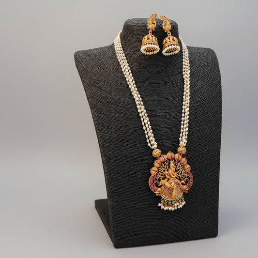 Pearl Haram with Lord Krishna Pendant and Peacock Jhumka Set