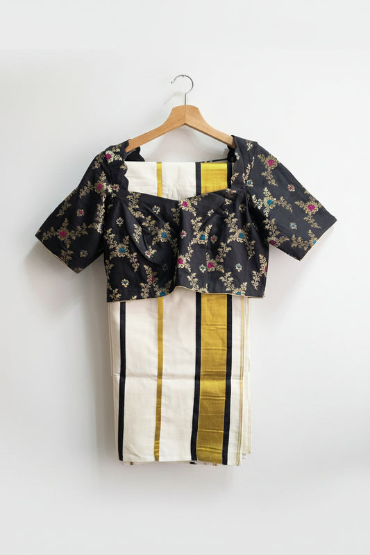 Kerala Cotton Saree with Stripe Pattern & Stitched Blouse | Onam Special