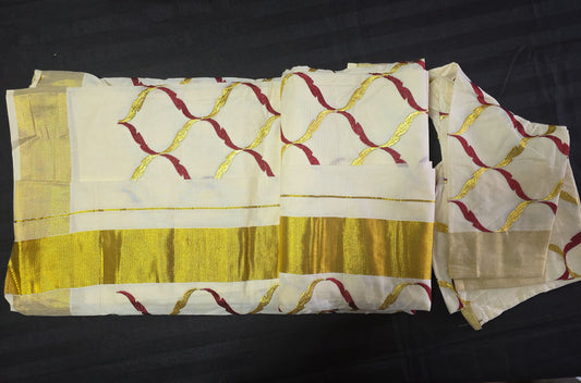 Kerala saree with chain design with stitched blouse