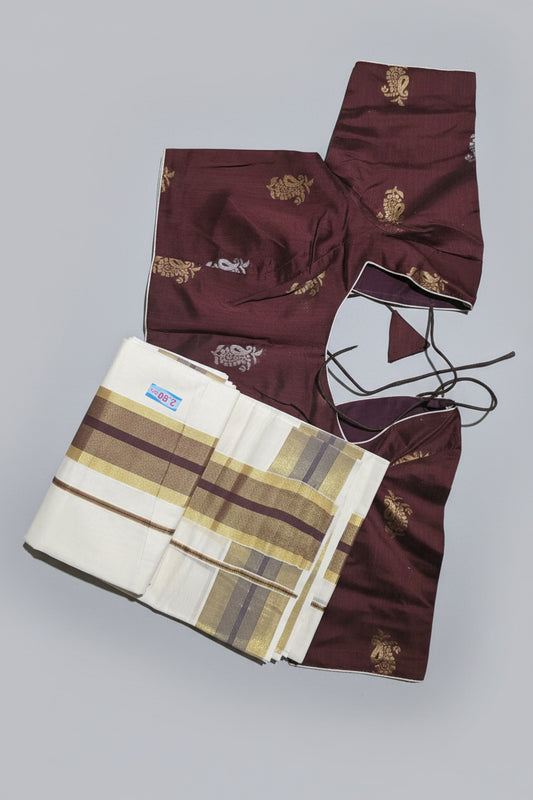 Kerala Cotton Golden Zari Set mundu with ready to wear stitched blouse