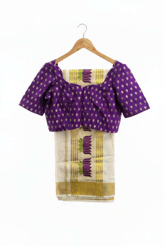 Kerala Cotton Saree with Lotus Machine Embroidery & Stitched Blouse