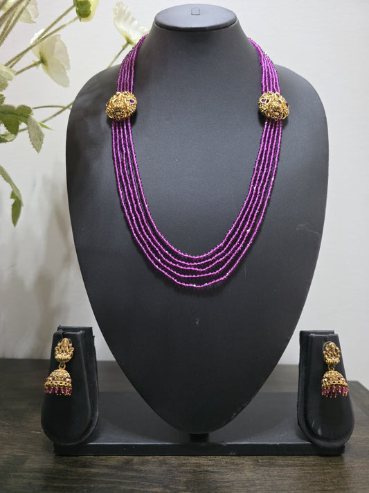 Long Fuchsia Beaded Haaram with Lakshmi Gold Balls & Jhumka Earrings