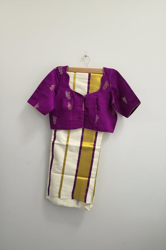 Kerala Cotton Saree with Stripe Pattern & Stitched Blouse | Onam Special