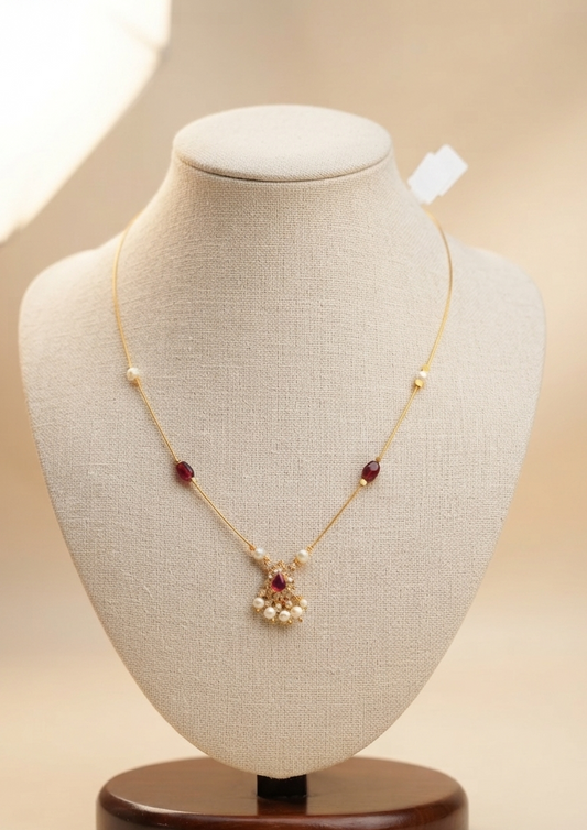 Invisible Chain Necklace with Ruby Stone & Pearl Drops