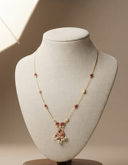 Invisible Chain Necklace with Ruby Stone & Pearl Drops