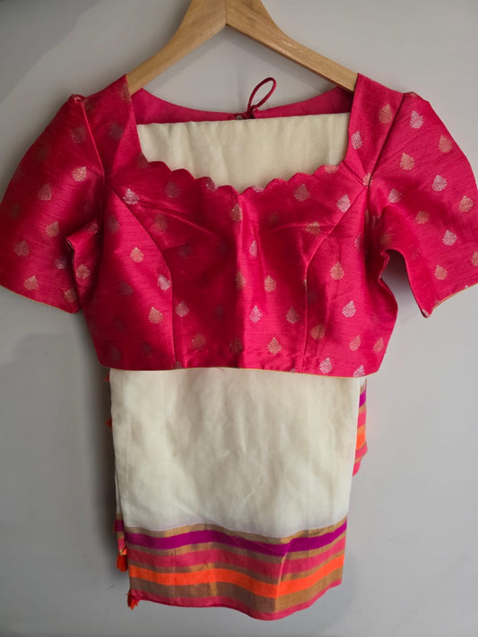 Cream Kerala Mul Cotton Saree | Pink, Peach & Orange Border | With Princess Cut Blouse