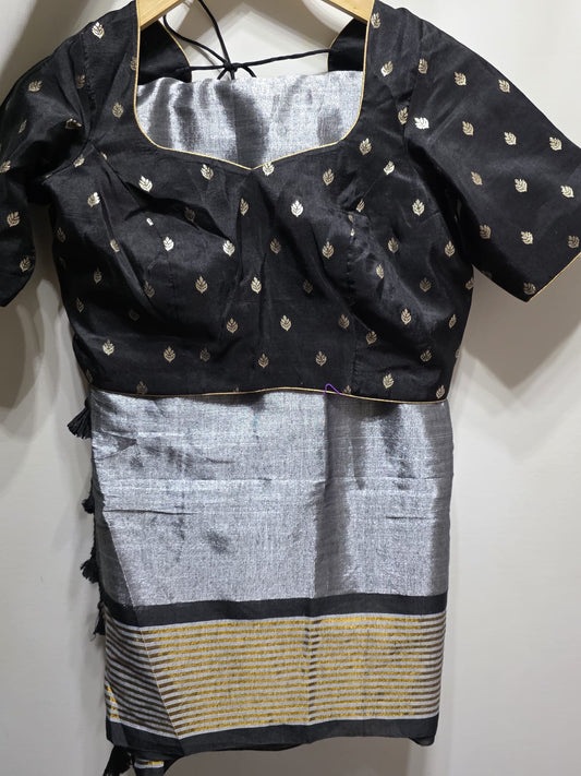 Black & Silver Tissue Mul Cotton Saree | Kerala Weave | With Princess Cut Blouse