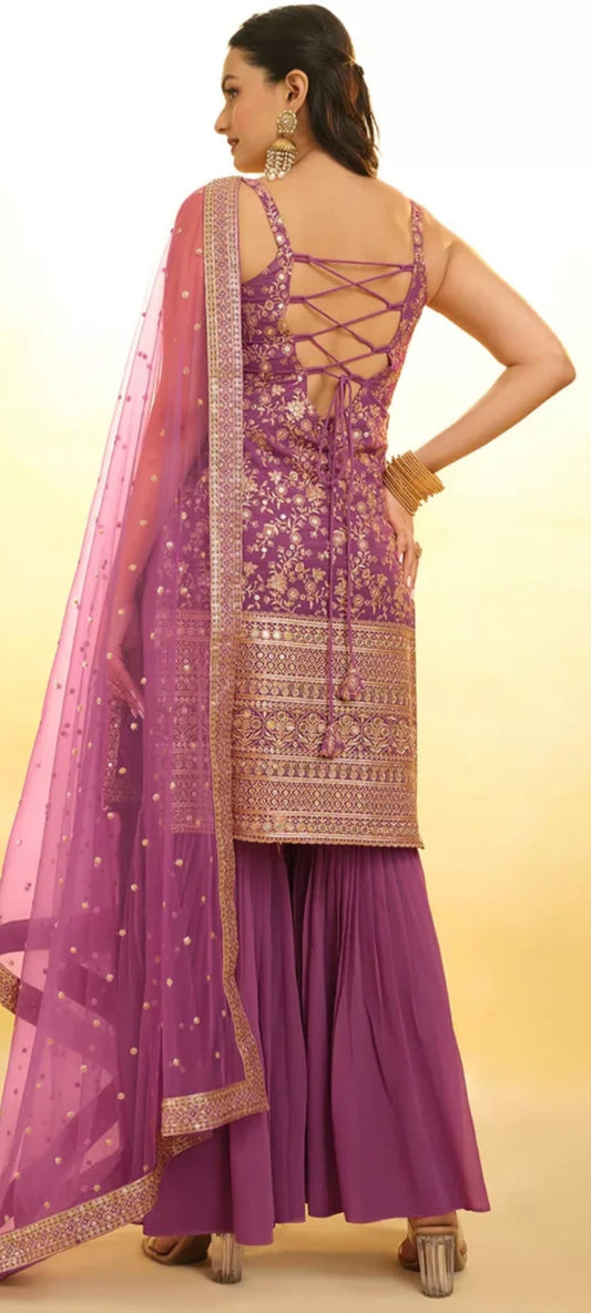 Onion Pink Georgette Embroidered Party wear Sharara Suit
