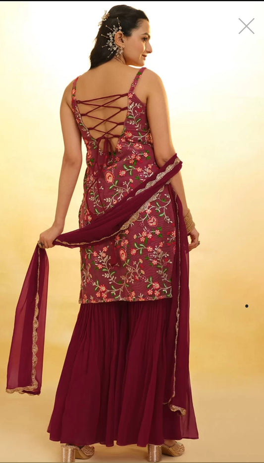 Cherry Red  Embroidered  Party wear Sharara Suit