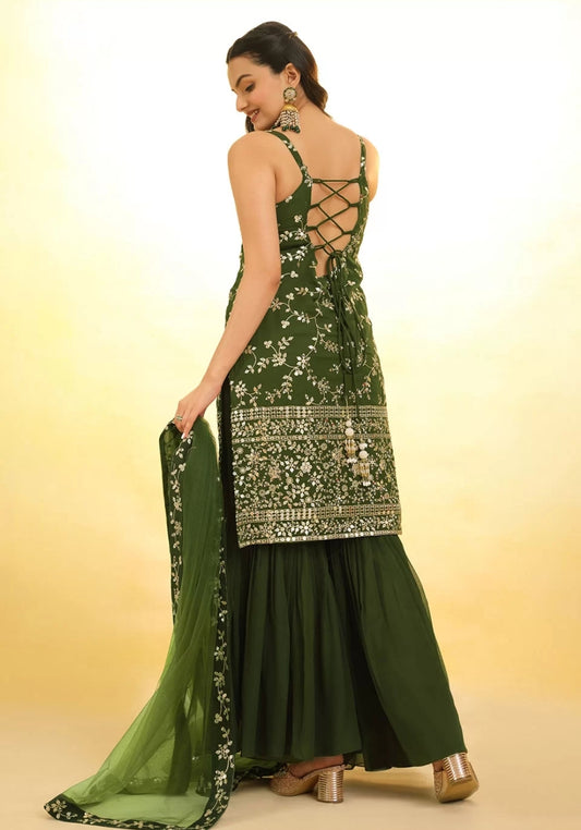 Olive Green Embroidered Party wear Sharara Suit