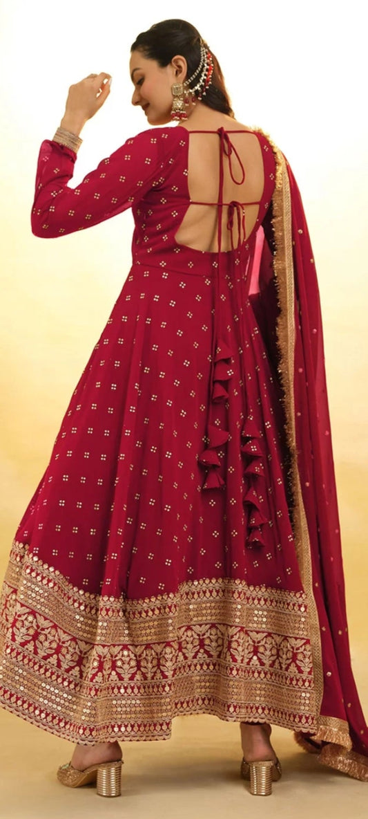 Red Embroidered partywear Salwar Suit