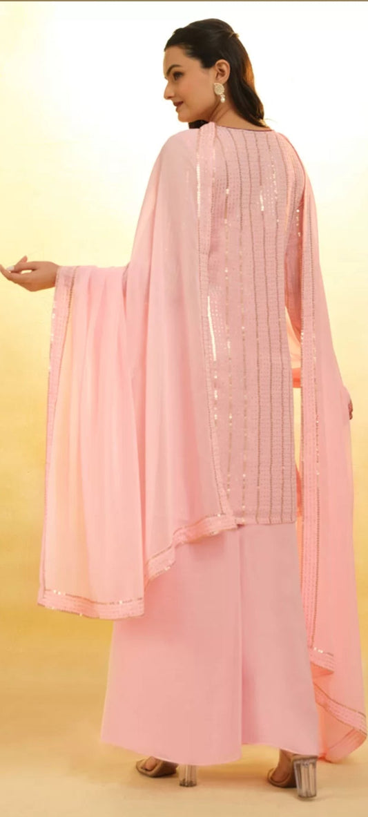 Pink Sequins Embellished Palazzo Suit