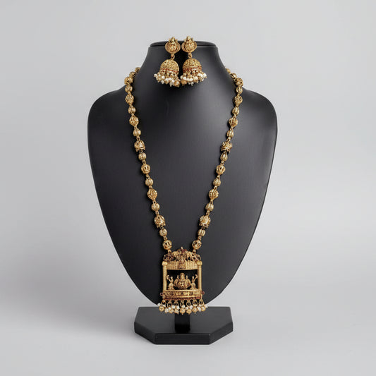 Long Antique Gold Ball Chain Haaram with Temple Figurine Pendant & Jhumka Earrings