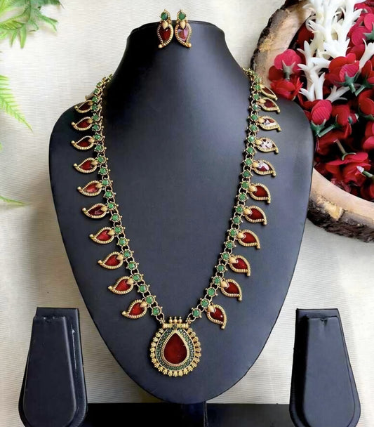 Long Antique Ruby & Emerald Mango Haaram with Teardrop Pendant & Earrings
