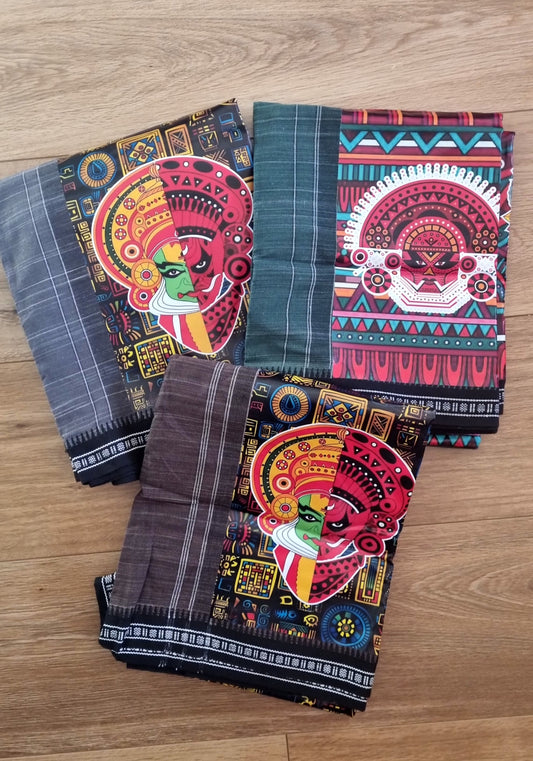 Men's cotton coloured Dhoti/Lungi with sticker print Kerala traditional artform